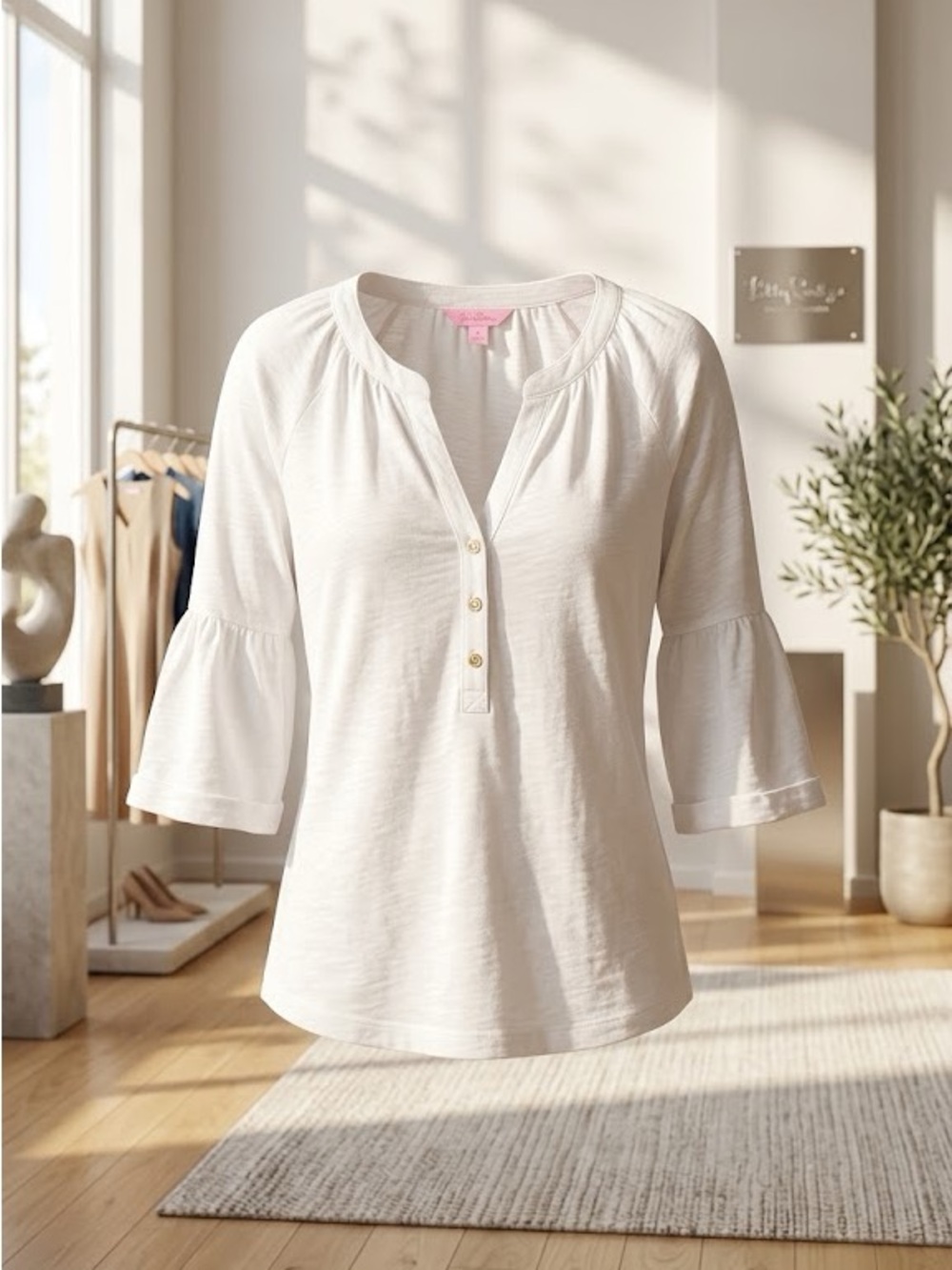Lilly Pulitzer White Slub Knit Henley Top | Medium